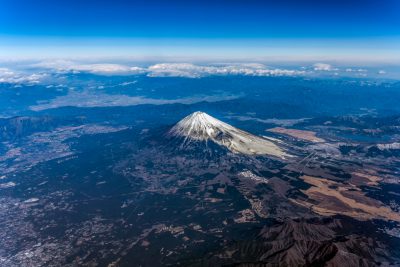 Aerial view of Mount Fuji volcano with a snow cap in Japan