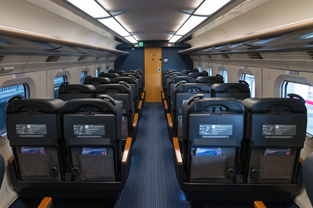 Green seats of E6 Series bullet(High-speed,Shinkansen) train. This Shinkansen train service as Komachi operated by JR East for Akita Shinkansen lines. (Tokyo-Akita route)