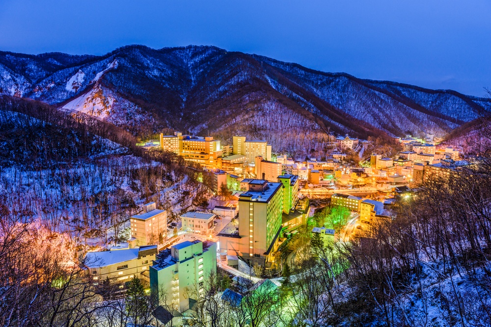 Noboribetsu, Japan hot springs town winter skyline