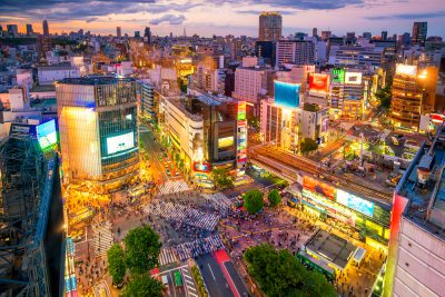 Shibuya Crossing from top view at twilight in Tokyo, Japan