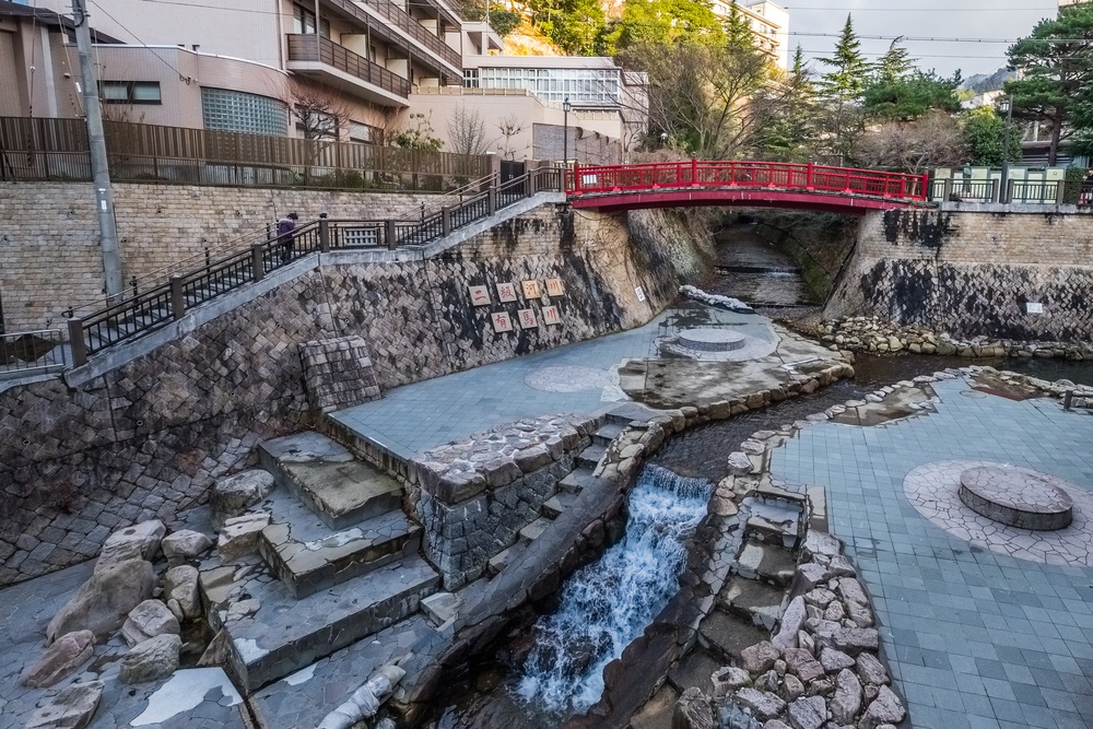 Japanese style public park with hot spring in Arima Onsen city,