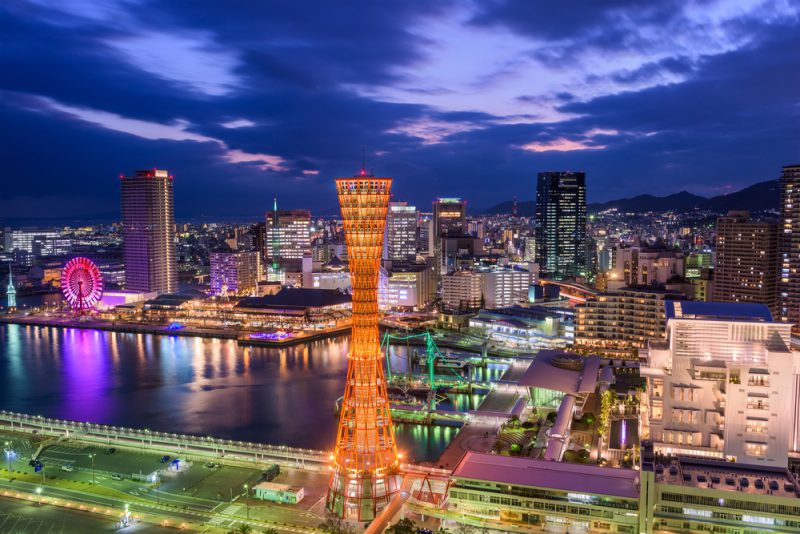 Kobe, Japan port skyline at twilight