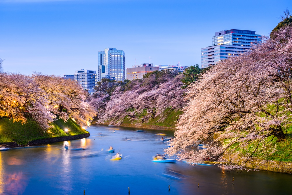 Imperial Palace moat during the spring season