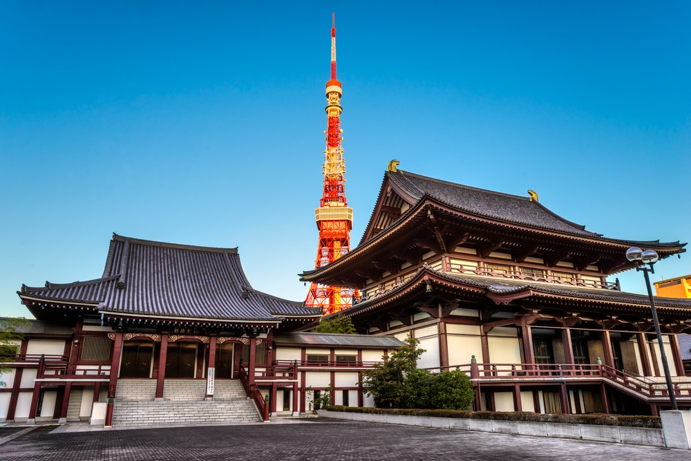 View of Zojo.ji Temple and tokyo Tower, Tokyo, Japan.