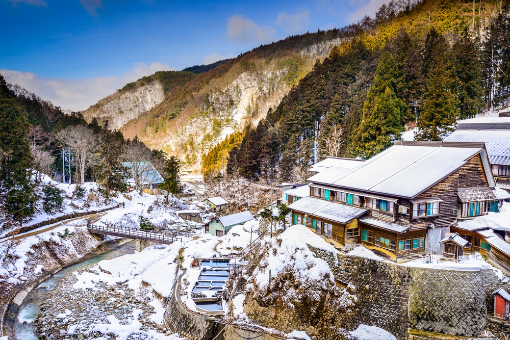 Nagano, Japan valley at Yudanaka and snow monkey park