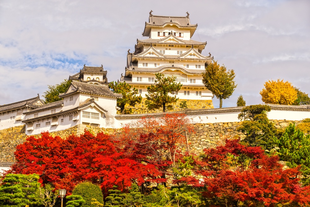 Himeji Castle, also called White Heron Castle, in autumn season