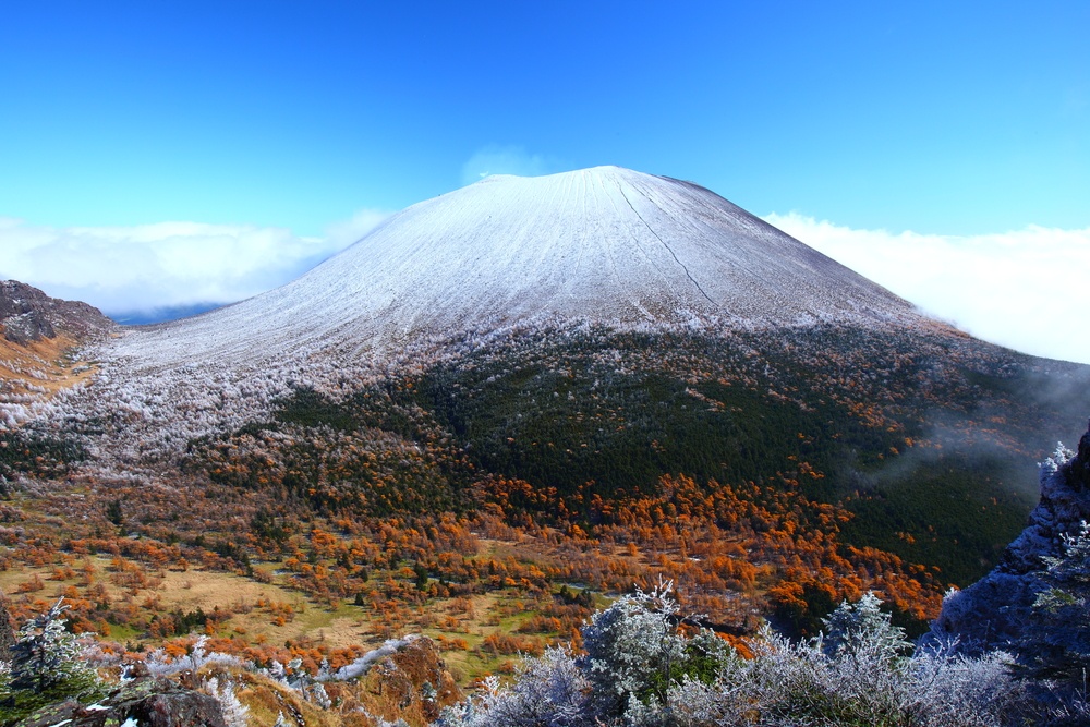 Snow capped mount asama in japan