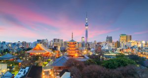View of Tokyo skyline at sunset in Japan
