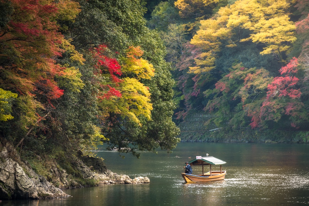 ozugawa River cruise during Autumn season. Hozugawa River Cruises (Hozugawa Kudari) are sightseeing boat rides down the Hozugawa River from Kameoka to Arashiyama