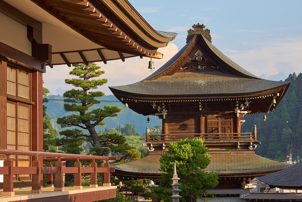 Japanese temple buildings and garden with trees in late afternoon sunshine, Takayama