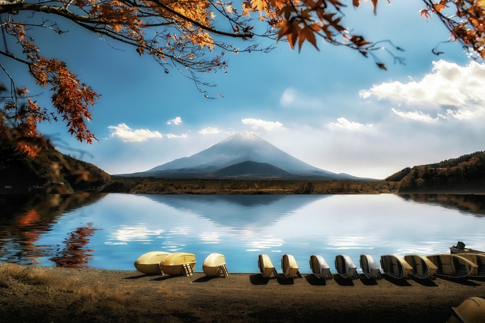 Japan landscape with Mount Fuji - Lake Shoji (Shojiko) and the famous volcano. Part of Fuji Five Lakes in Fuji-Hakone-Izu National Park