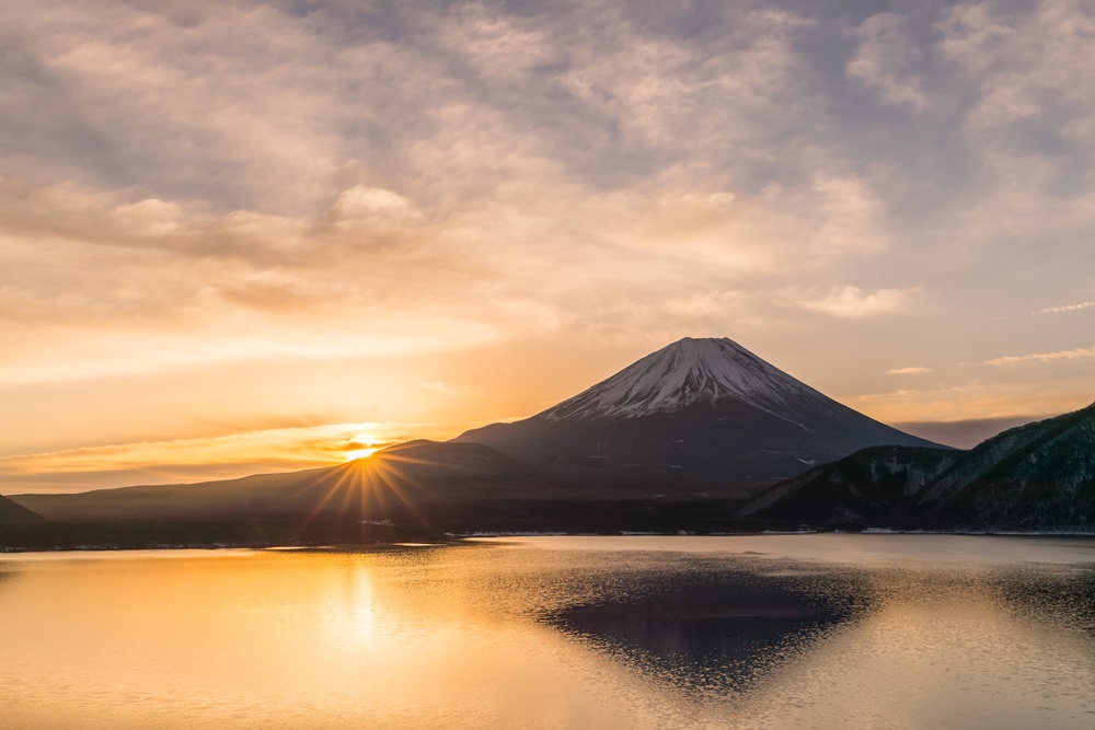Lake Motosu and Mount Fuji at early morning in winter season. Lake Motosu is the westernmost of the Fuji Five Lakes and located in southern Yamanashi Prefecture near Mount Fuji