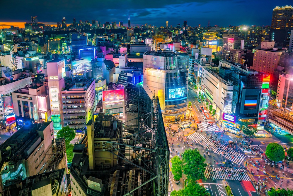 Shibuya Crossing from top view at twilight in Tokyo, Japan