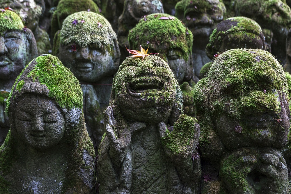 Stone statues of Buddha The sculptures were donated in 1981 in honor of the refurbishment of the temple at Otagi nenbutsu-ji temple in Arashiyama Kyoto, Japan