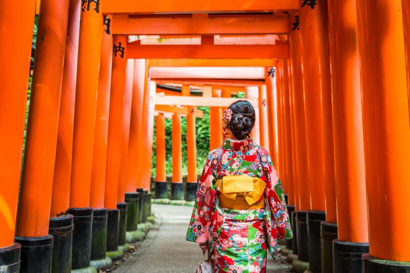 Women in kimono stand at Red Torii gates in Fushimi Inari shrine, one of famous landmarks in Kyoto, Japan