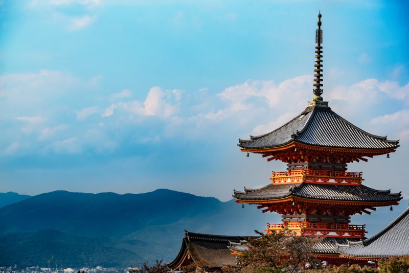 Beautiful old red wooden pagoda in Kyoto, Japan